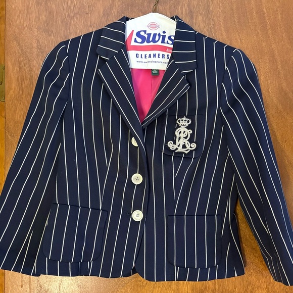 Ralph Lauren Navy Blazer with White Stripes and Crest - Picture 2 of 4